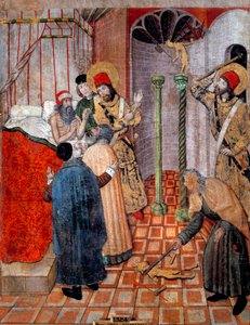 San Sebastian og Saint Polycarp ødelægger idoler. Præsten Polycarp og Sebastian ved præfekten i Rom (Chromace), som bad dem om at advare ham. Sebastien bad ham om at opgive sine idoler først og give ham tilladelse til at knække dem. Maleri af Pedro Garcia