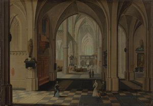 Interiør af en imaginær gotisk kirke, der ser mod øst af Peeter Neeffs (I)