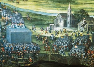 Slaget ved Det Hvide Bjerg nær Prag den 7.-8. november 1620, maleri af Pieter Snayers (1592-1667) bevaret i Santa Maria della Vittoria, Rom. Detalje. Trediveårskrig, Tjekkiet