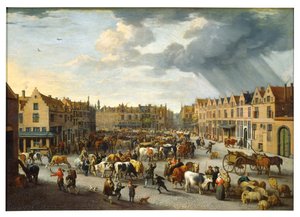 Det gamle oksemarked i Antwerpen (olie på lærred) af Peeter van Bredael