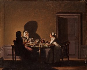 Læsning ved stearinlys, af Hillestroem, Pehr (1732-1816). Olie på lærred, størrelse: 41,5x51,5, , Privat samling af Pehr Hilleström
