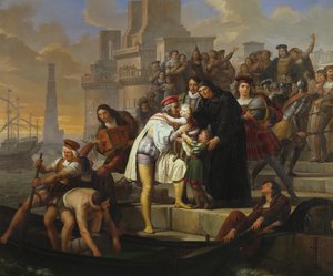 Christopher Columbus omfavner sine to sønner og anbefaler dem til far Giovanni Perez, inden han forlader Palos på rejsen for at opdage Amerika af Pelagio Palagi
