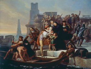 Christopher Columbus forlader havnen i Palos de la Frontera og anbefaler sine sønner til fader Giovanni Perez (1492)