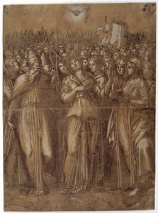St Ursula med de martyrdøde jomfruer (pen og brunt blæk forstærket med hvid kropsfarve på papir vasket brunt) af Pellegrino (c.1460 1523) Aretusi