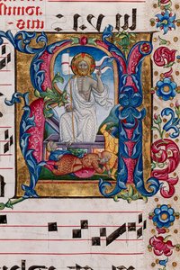 Piccolomini Bibliotek: korbog, torsk. 101,7, ff. 14r med "Kristi opstandelse", af Pellegrino di Mariano. Detalje.