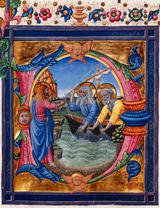 Piccolomini Bibliotek: korbog, torsk. 11.M, ff. 4r med "Calling of St. Peter and St. Andrew", af Pellegrino di Mariano. Detalje.