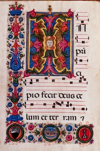Piccolomini Bibliotek: Korbog, torsk. 5.E, ff. 4v med "Foliated Initial", af Pellegrino di Mariano.