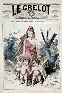 En af ""Klokken"" repræsenterer en allegori af nationalsangen ""La Marseillaise""", der rykker frem, mens de adelige tilstopper deres ører, mens de flygter. Illustration af Pepin. 10/02/1878. Privat samling