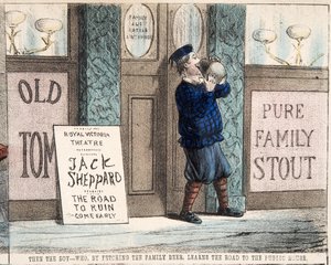 "Drengen - som ved at hente familiens øl lærer vejen til Public House, pub.c. 1872 (håndfarvet gravering)