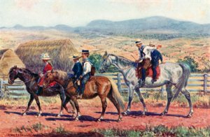 Australske børn rider i skole (farve litho)