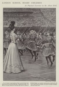 London School Board børn ved fysiske øvelser i Albert Hall (litho)