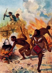 De australske indfødte på Captain Cooks tid (farve litho)