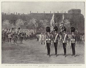 Kongen og 3. bataljon skotske vagter, officerer med de nye farver marcherer forbi Hans Majestæt