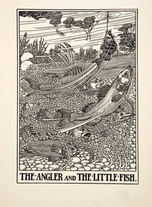 Lystfiskeren og den lille fisk, fra A Hundred Fables of Aesop, pub.1903 (gravering) af Percy J. Billingshurst