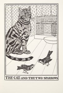 The Cat and the Two Sparrows, fra Fontaine Fables, pub. 1905 af Percy J. Billingshurst