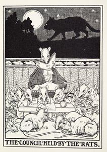 Rådet, der blev afholdt af rotterne, fra Fontaine Fables, pub. 1905 af Percy J. Billingshurst