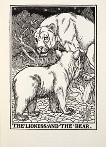 The Lioness and the Bear, fra Fontaine Fables, pub. 1905 af Percy J. Billingshurst