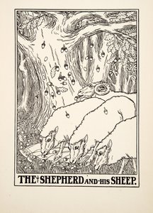 Hyrden og hans får, fra A Hundred Fables of Aesop, pub.1903 (gravering) af Percy J. Billingshurst