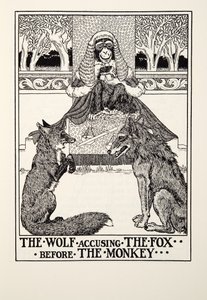 The Wolf, der anklager ræven før aben, fra Fontaine Fables, pub. 1905 af Percy J. Billingshurst