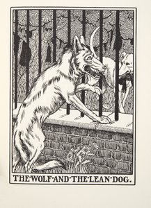 The Wolf and the Lean Dog, fra Fontaine Fables, pub. 1905 (gravering) af Percy J. Billingshurst