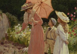 En dame med en parasol viser, hvordan man laver en jordbærtønde af Percy Tarrant