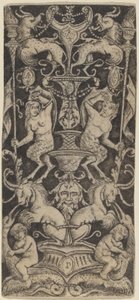 Panel af ornament med to nøgne børn på monstrøse bæster af Peregrino da Cesena