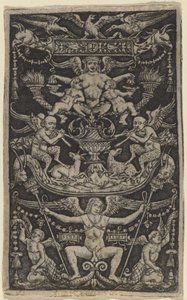 Panel af ornament med en satyrinde, der fodrer to børn af Peregrino da Cesena