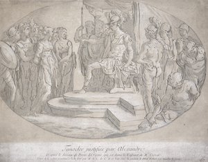 Alexandre et Timoclee, graveret af Nicolas Lesueur (1691-1764) (litho) af Perino del Vaga