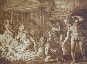 Hyrdernes tilbedelse, indgraveret af Elishah Kirkhall (1682-1742) 1724 (farve litho) af Perino del Vaga