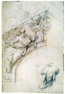 Udsmykning af en væg over en indgangsbue med en profet og to Puttos, c1525