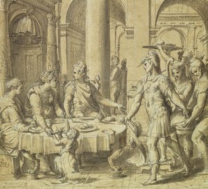 The Banket of Dido and Aeneas, model til et gobelin i Story of Aeneas-serien, ca. 1532 (pen og blæk og vask på papir)