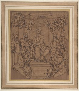 Jomfru og barn på tronen med Saint Anthony Abbed, Saint Peter, Saint Paul..., 1522-23. af Perino del Vaga
