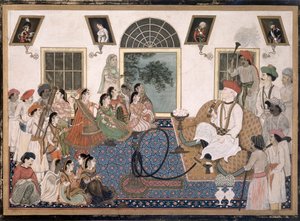 En europæer, sandsynligvis Sir David Ochterlony (1758-1825), i indisk kjole, der ryger vandpibe og ser en nautch i sit hus i Delhi, ca. 1820 (blæk og farve på papir) af Persian School