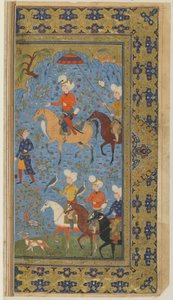 A Royal Hunt from a Shahnama (Kongernes Bog) af Firdawsi, ca. 1590-1600 (blæk, uigennemsigtig akvarel og guld på papir) af Persian School