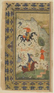A Royal Hunt from a Shahnama (Kongernes Bog) af Firdawsi, ca. 1590-1600 (blæk, uigennemsigtig akvarel og guld på papir) af Persian School