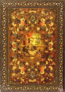 Et Zand-bogomslag malet med en central siddende figur i et interiør, omgivet af blomsterspray, midten af 1700-tallet af Persian School