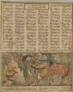 Akrvan Div forbereder sig på at hive den sovende Rustam op i havet, fra en Shahnama (Kongebogen) af Firdawsi (d.1020) (blæk, uigennemsigtig akvarel og guld på papir) af Persian School