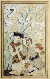Art Islam: Portræt af Shah Abbas I, der omfavner en af hans sider. Persisk tegning af 1672. Mål: 0,16 x 0,27m. Paris, Musée du Louvre af Persian School