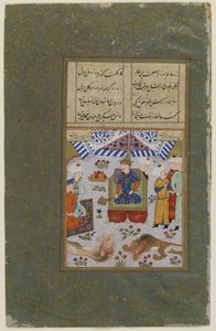 Bahram Gur troner efter at have dræbt løverne, ca. 1490 (uigennemsigtig akvarel, blæk og guld på papir) af Persian School