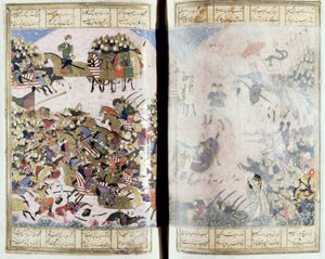 Battle Between Isfandiyar og Arjasp, illustration fra Shahnama (Kongernes Bog), af Abul-Qasim Manur Firdawsi (c.934-c.1020) c.1440-45 (pen, blæk & wc på vellum) af Persian School
