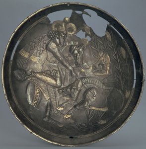 Fad dekoreret med en scene af Prins Varahran på jagt, Sassanid-dynastiet (226-651) (sølv med forgyldning)