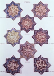 Otte fliser dekoreret med dyr, 13.-14. århundrede (keramik) af Persian School
