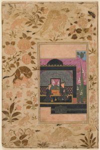 Folio fra en Haft paykar; Bahram Gur og prinsessen i den sorte pavillon, Qazwin, Iran, ca. 1590 (ugennemsigtig akvarel, blæk og guld på papir) af Persian School