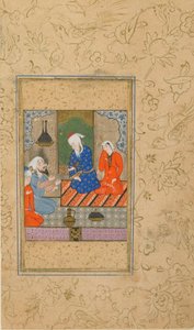 Folio fra en Yusuf u Zulaykha af Jami (d. 1492); Zulaykha og en ældre mand Lyt til en samtale, muligvis Mashhad, Iran, ca. 1560-70 (ugennemsigtig akvarel, blæk og guld på papir) af Persian School