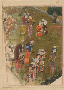 Folio fra en Zafarnama; recto: Timur giver et publikum i anledning af sin overtagelse af tronen i Balkh; verso: tekst, Shiraz, Iran, Timurid-perioden, 1436 (ugennemsigtig akvarel, blæk og guld på pa. af Persian School