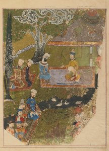 Folio fra en Zafarnama; verso: Timur giver et publikum i anledning af sin overtagelse af tronen i Balkh, Shiraz, Iran, Timurid-perioden (ugennemsigtig akvarel, blæk og guld på papir) af Persian School