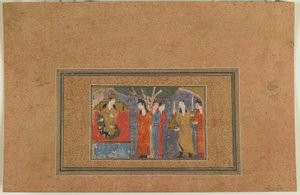 Folio fra en uidentificeret tekst; A Princess Enthroned, Iran, ca. 1440-50 (ugennemsigtig akvarel, blæk og guld på papir) af Persian School