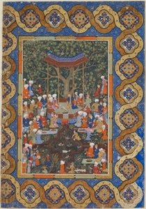 Folio fra en uidentificeret tekst; En lineal i en havepavillon omgivet af hoffolk og betjente (ugennemsigtig akvarel, blæk og guld på papir) af Persian School