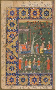 Folio fra en uidentificeret tekst; recto:A Party in a Garden, Shiraz, Iran, ca. 1570 (ugennemsigtig akvarel, blæk og guld på papir) af Persian School