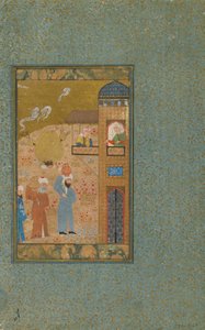 Folio fra en uidentificeret tekst; verso: To mænd, der bærer kander nærmer sig en bygning, Shiraz, Iran, ca. 1520 (ugennemsigtig akvarel, blæk og guld på papir) af Persian School